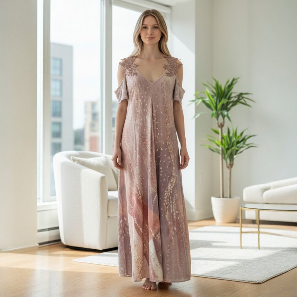 Made with Love Mauve Maxi Floral Embroidery Cold Shoulder Sleeve Dress Small MWT